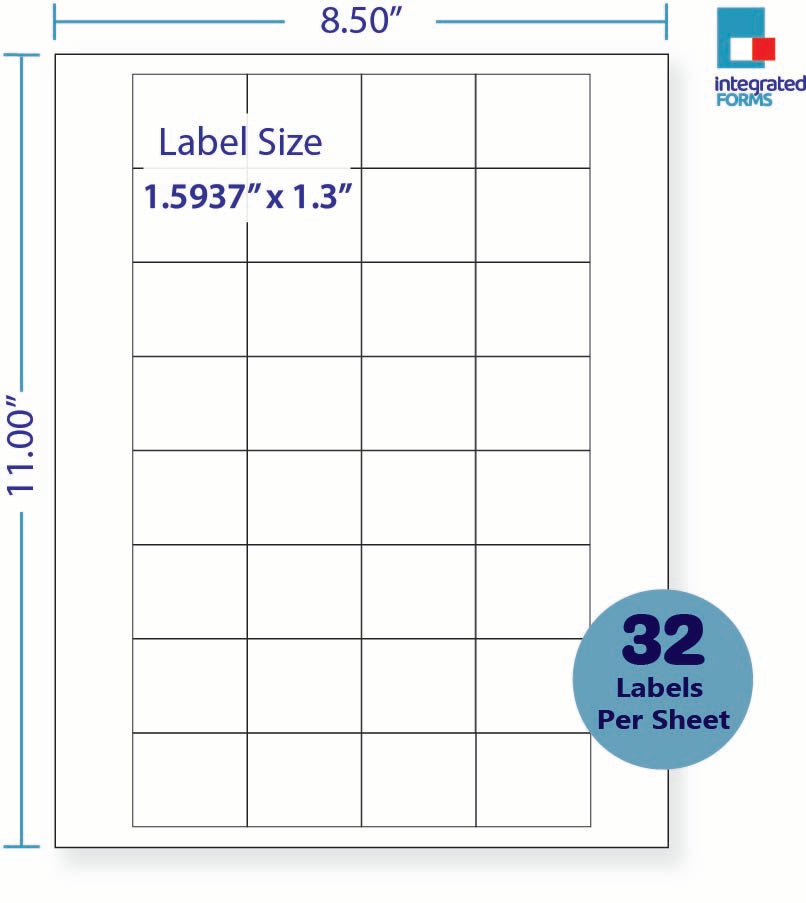 8-1/2 x 11" White Laser Label, 32 Labels per Sheet Measuring 1.59375" x 1.3". SKU: 76W