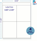 8-1/2 x 11" White Laser Label, 4 Labels per Sheet Measuring 4.25" x 5". SKU: 770W