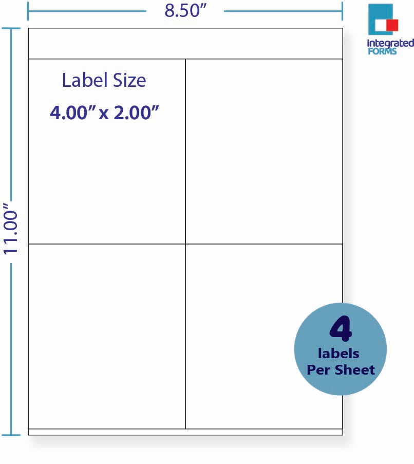 8-1/2 x 11" White Laser Label, 4 Labels per Sheet Measuring 4.25" x 5". SKU: 770W