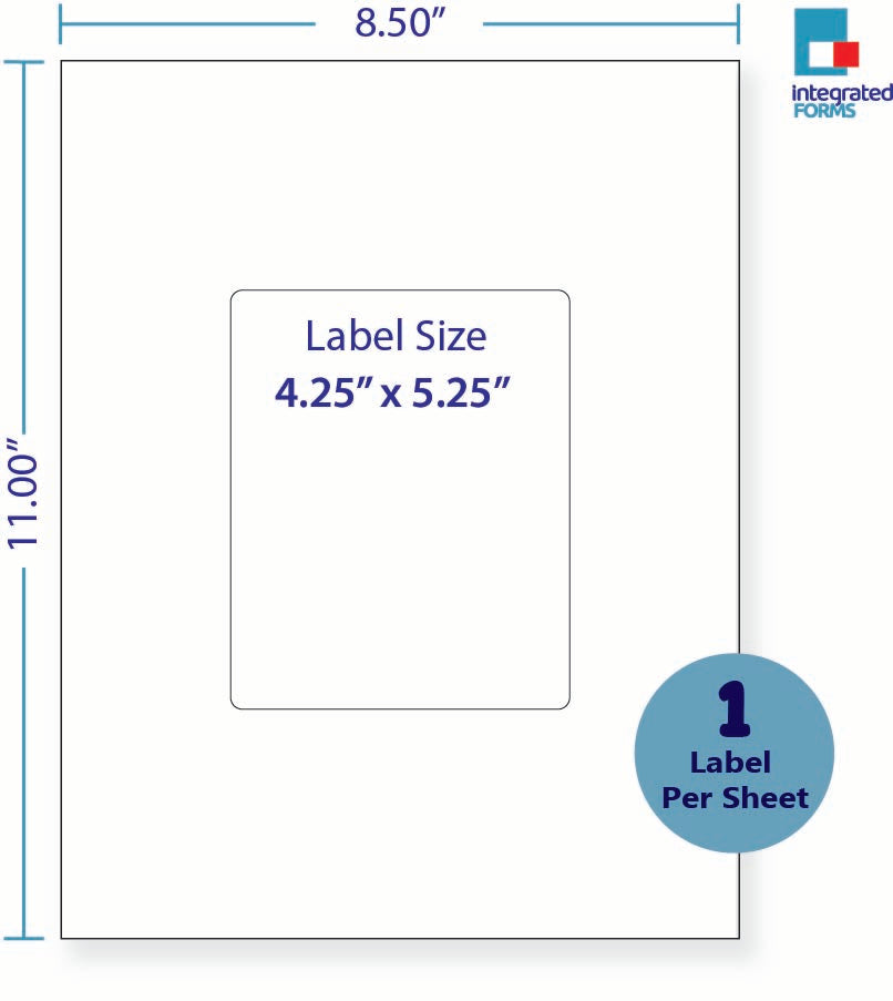 8-1/2 x 11" White Laser Label, 1 Label per Sheet Centerd, Measuring 4.25 x 5.25". SKU: 816W