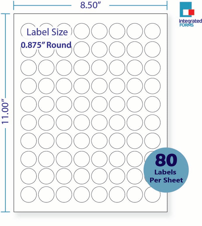 8-1/2 x 11" White Laser Label, 80 Round Labels per Sheet Measuring 0.875" Round. SKU: 81W