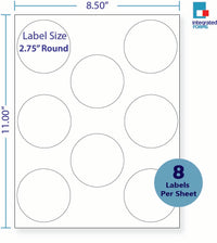 8-1/2 x 11" White Laser Label, 8 Round Labels per Sheet Measuring 2.75" Round. SKU: 822W