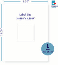 8-1/2 x 11" White Laser Label, 1 Label per Sheet Centerd, Measuring 3.1494" x 3.3072". SKU: 828W