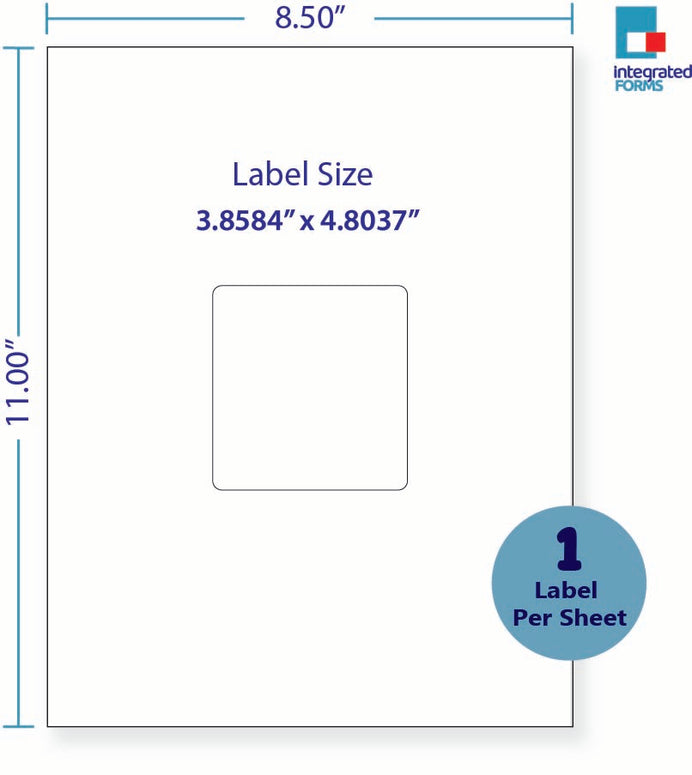 8-1/2 x 11" White Laser Label, 1 Label per Sheet Centerd, Measuring 3.1494" x 3.3072". SKU: 828W