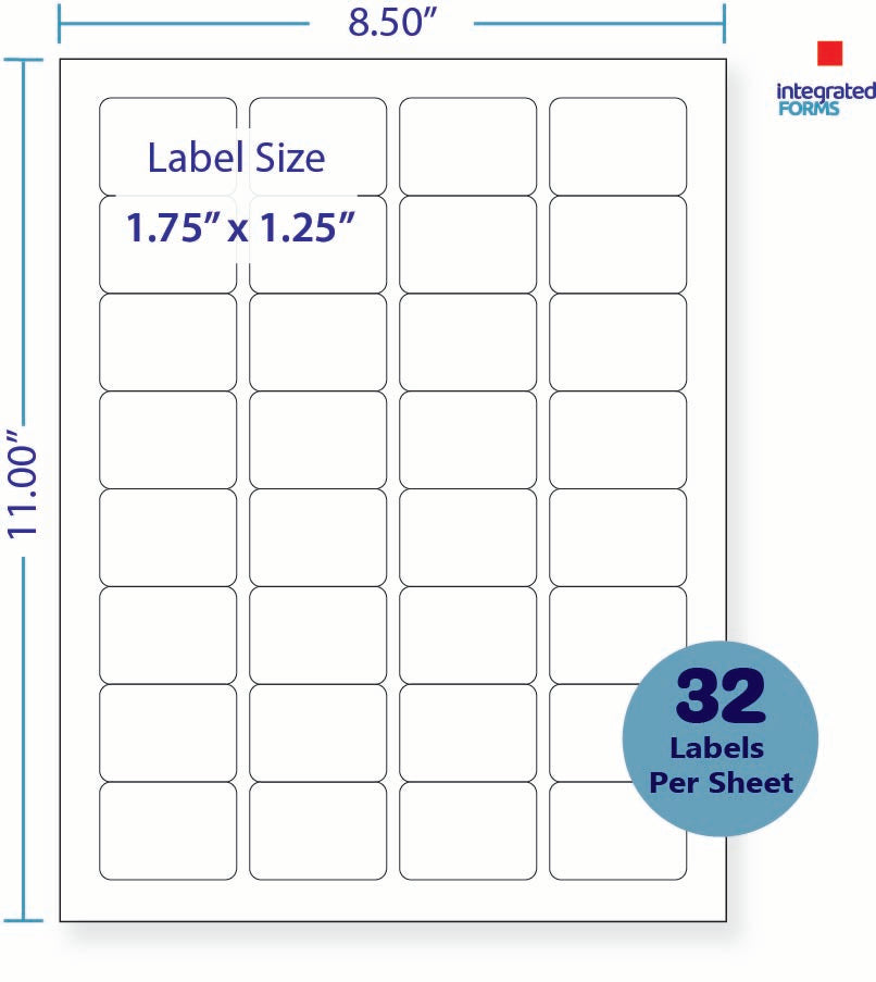 8-1/2 x 11" White Laser Label, 32 Labels per Sheet Measuring 1.75" x 1.25". SKU: 843W