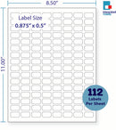 8-1/2 x 11" White Laser Label, 112 Labels per Sheet Measuring 0.875" x 0.5". SKU: 866W