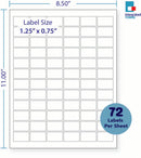 8-1/2 x 11" White Laser Label, 72 Labels per Sheet Measuring 1.25" x 0.75". SKU: 869W