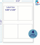8-1/2 x 11" White Laser Label, 4 Labels per Sheet Measuring 4" x 4". SKU: 877W