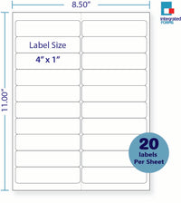 8-1/2 x 11" White Laser Label, 20 Labels per Sheet Measuring 4" x 1". SKU: 90W
