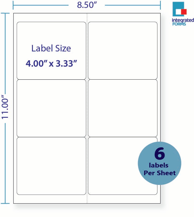 8-1/2 x 11" White Laser Label, 6 Labels per Sheet Measuring 4" x 3.33", Perfed. SKU: 95W