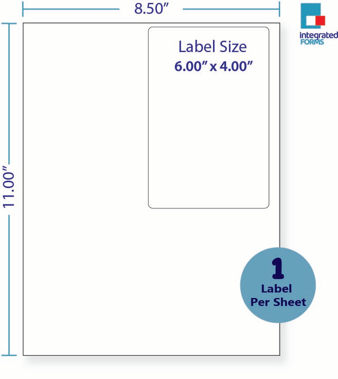8-1/2 x 11" White Laser Label, 1 Label per Sheet on Top Right, Measuring 4 X 6". SKU: 99W