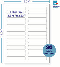 8-1/2 x 11" White Laser Label, 30 Labels per Sheet Measuring 3.4375" x 0.667". SKU: B126W