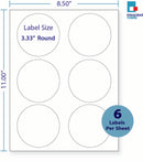 8-1/2 x 11" White Laser Label, 6 Round Labels per Sheet Measuring 3.33" Round. SKU: B145W