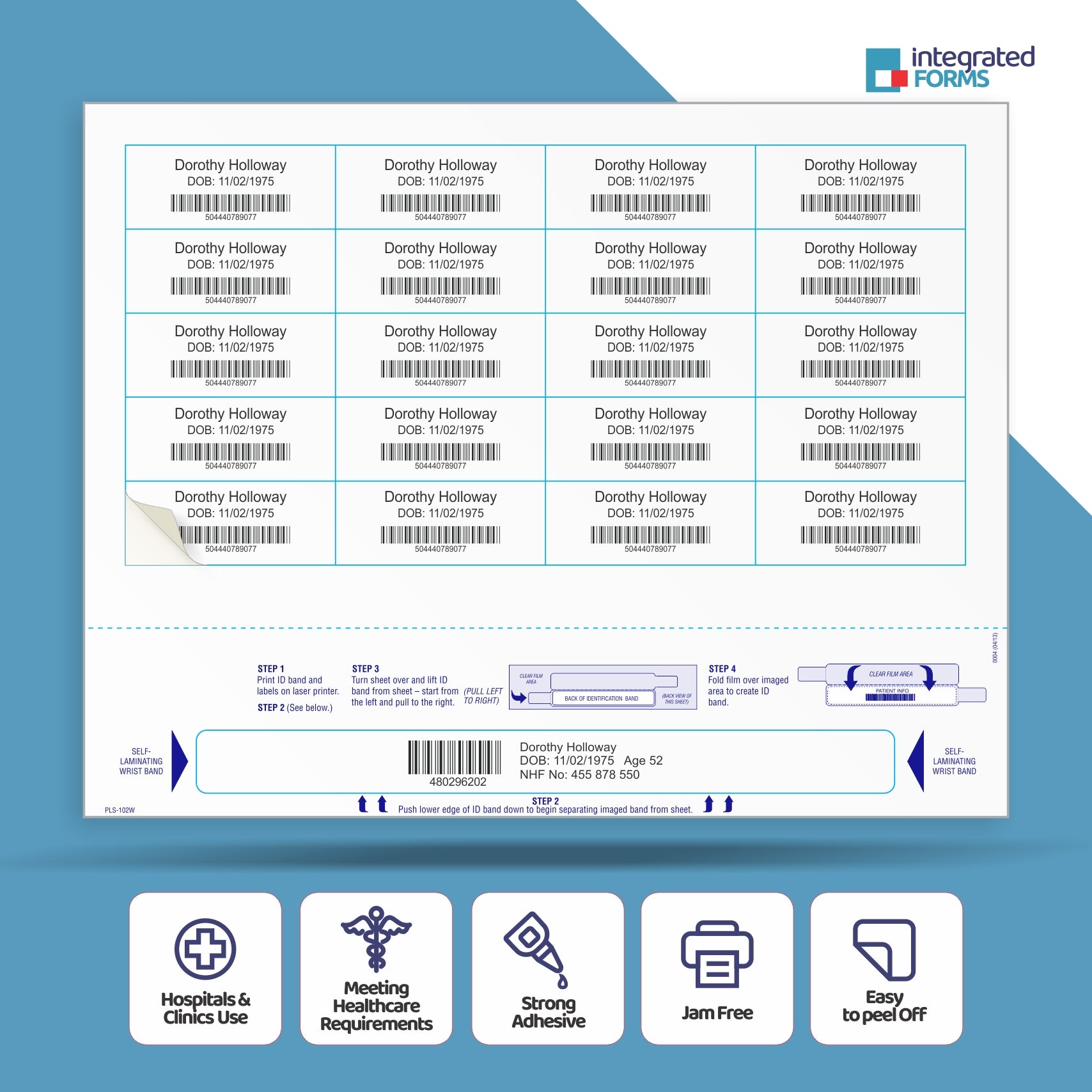 Self-Laminating Wristband & 20 Labels per Sheet, Measuring 2.5 x 1". SKU: PLS-102W