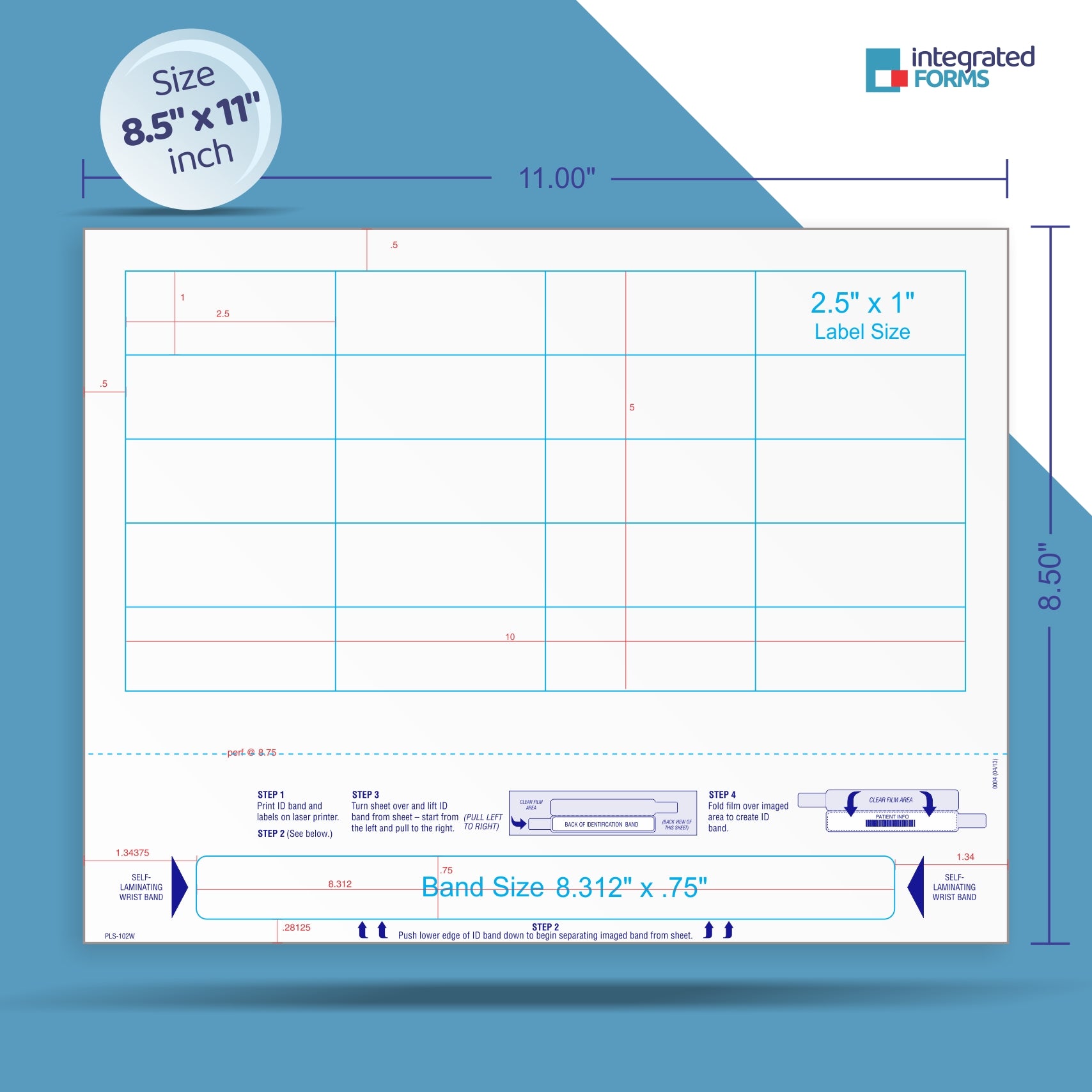 Self-Laminating Wristband & 20 Labels per Sheet, Measuring 2.5 x 1". SKU: PLS-102W