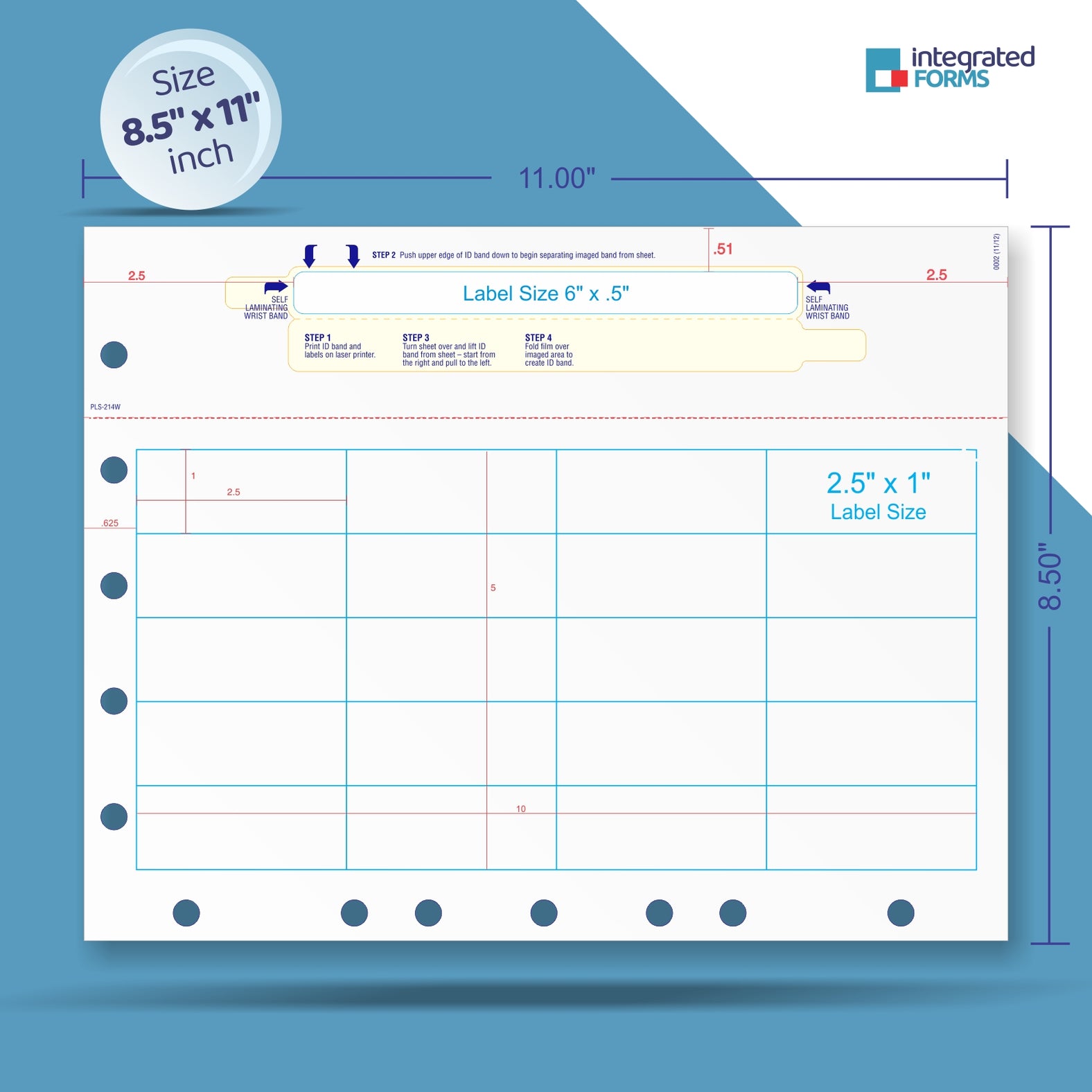 Self-Laminating Pediatric Wristband & 20 Labels per Sheet, Measuring 2.5 x 1" & 5/7 Hole Punched. SKU: PLS-214W