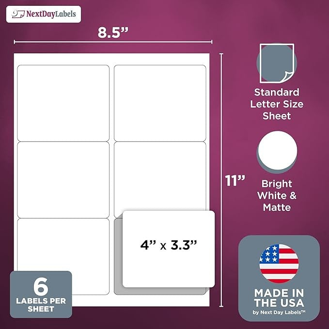 8-1/2 x 11" White Laser Label, 6 Labels per Sheet Measuring 4" x 3". SKU: 210W